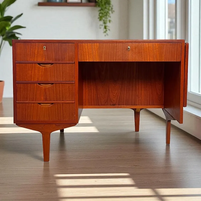 Online Pamono Danish Teak Desk with Fold-out Top and Bookshelves, 1960s