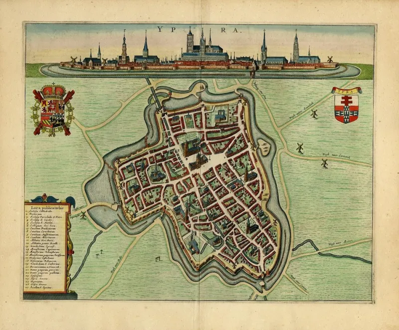 New Pamono Decorative Bird's-Eye View Map of Ieper or Ypres in Belgium by Blaeu, 1649