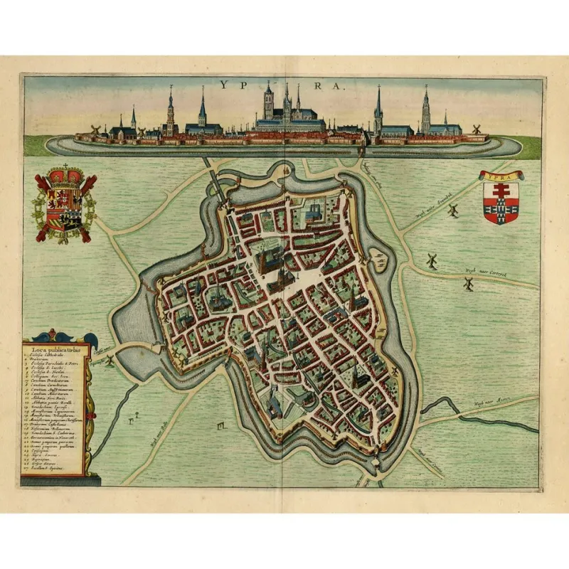 New Pamono Decorative Bird's-Eye View Map of Ieper or Ypres in Belgium by Blaeu, 1649