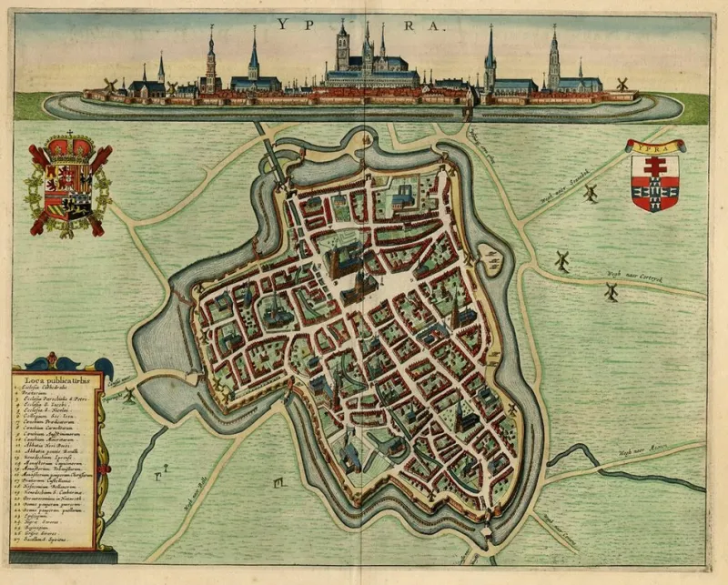 New Pamono Decorative Bird's-Eye View Map of Ieper or Ypres in Belgium by Blaeu, 1649