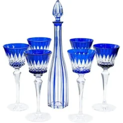 Pamono Deep Blue Overlay Baccarat Crystal Glasses and Decanter, France, 1940s, Set of 7> Glassware