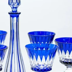 Pamono Deep Blue Overlay Baccarat Crystal Glasses and Decanter, France, 1940s, Set of 7><noscript><img width=