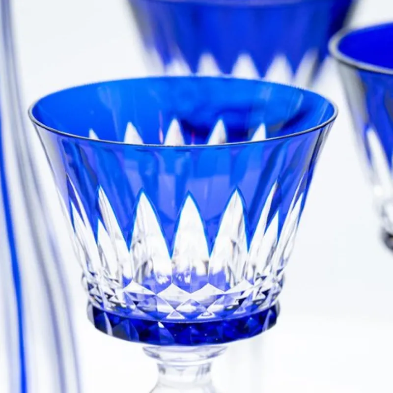 Pamono Deep Blue Overlay Baccarat Crystal Glasses and Decanter, France, 1940s, Set of 7> Glassware