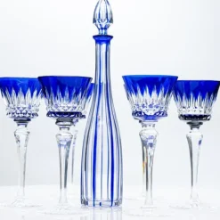 Pamono Deep Blue Overlay Baccarat Crystal Glasses and Decanter, France, 1940s, Set of 7><noscript><img width=