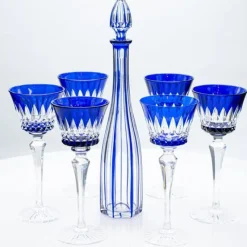 Pamono Deep Blue Overlay Baccarat Crystal Glasses and Decanter, France, 1940s, Set of 7><noscript><img width=