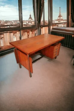 Discount Pamono Desk in Veneered Wood, Metal with Leather Finish, 1950s