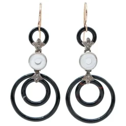 Pamono Diamonds, White Stones, Onyx, Rose Gold and Silver Dangle Earrings, Set of 2> Earrings