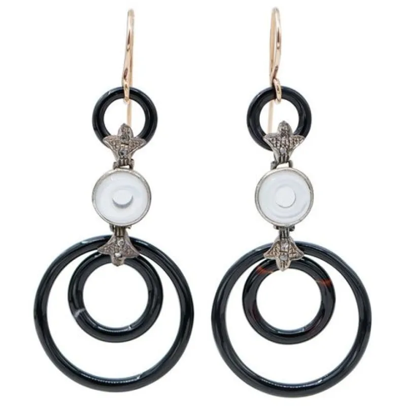 Pamono Diamonds, White Stones, Onyx, Rose Gold and Silver Dangle Earrings, Set of 2> Earrings