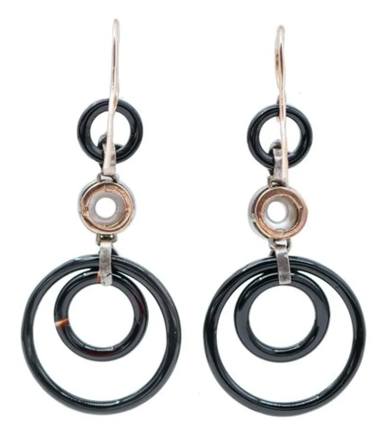 Pamono Diamonds, White Stones, Onyx, Rose Gold and Silver Dangle Earrings, Set of 2> Earrings