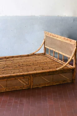 Clearance Pamono Double Bed with Bamboo and Vienna Straw Headboard, 1980s