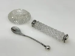 Pamono Dutch Diamant Cut Crystal and Silver Set of Knife Rests with Salt Cellars, 1880s, Set of 12><noscript><img width=