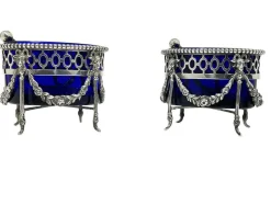 Pamono Dutch Silver with Blue Crystal Glass Salt Cellars by P. Heerens, 1890s, Set of 4> Salt & Pepper Shakers