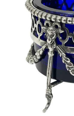 Pamono Dutch Silver with Blue Crystal Glass Salt Cellars by P. Heerens, 1890s, Set of 4><noscript><img width=