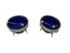 Pamono Dutch Silver with Blue Crystal Glass Salt Cellars by P. Heerens, 1890s, Set of 4><noscript><img width=