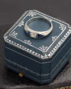 Pamono Early 20th Century Edwardian Ring with Synthetic Sapphire & 0.30 Ct Old-Cut Diamond, 1890s> Rings