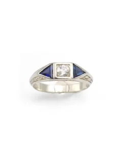 Pamono Early 20th Century Edwardian Ring with Synthetic Sapphire & 0.30 Ct Old-Cut Diamond, 1890s><noscript><img width=