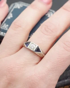Pamono Early 20th Century Edwardian Ring with Synthetic Sapphire & 0.30 Ct Old-Cut Diamond, 1890s><noscript><img width=