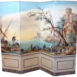 Pamono Early 20th Century French Tempera on Canvas Folding Screen with Seascape View> Room Dividers & Screens