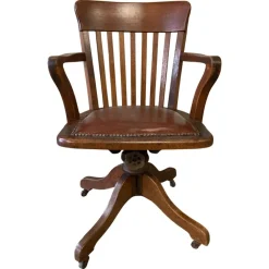 Pamono Early 20th Century Hillcrest Oak Rail Back Leather Revolving Desk Chair, 1890s> Office Chairs