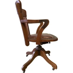 Pamono Early 20th Century Hillcrest Oak Rail Back Leather Revolving Desk Chair, 1890s><noscript><img width=