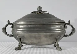 Pamono Early 20th Century Tureen and Tray in Fine Pewter by L. Houzeaux, 1930s, Set of 2><noscript><img width=