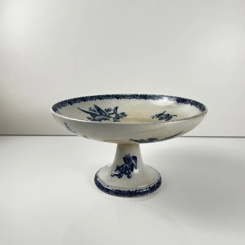 Hot Pamono Earthenware Compote Dish with Blue Bird Motif from Pexonne, Late 19th Century