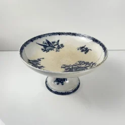 Hot Pamono Earthenware Compote Dish with Blue Bird Motif from Pexonne, Late 19th Century