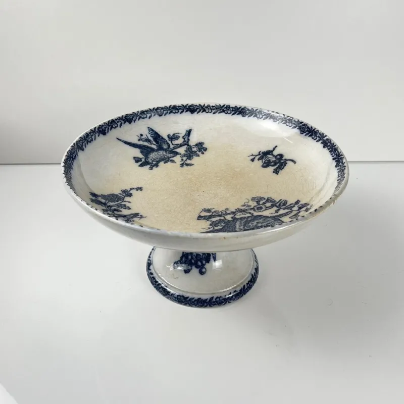 Hot Pamono Earthenware Compote Dish with Blue Bird Motif from Pexonne, Late 19th Century