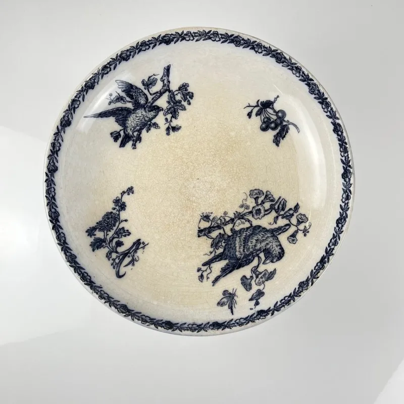 Hot Pamono Earthenware Compote Dish with Blue Bird Motif from Pexonne, Late 19th Century