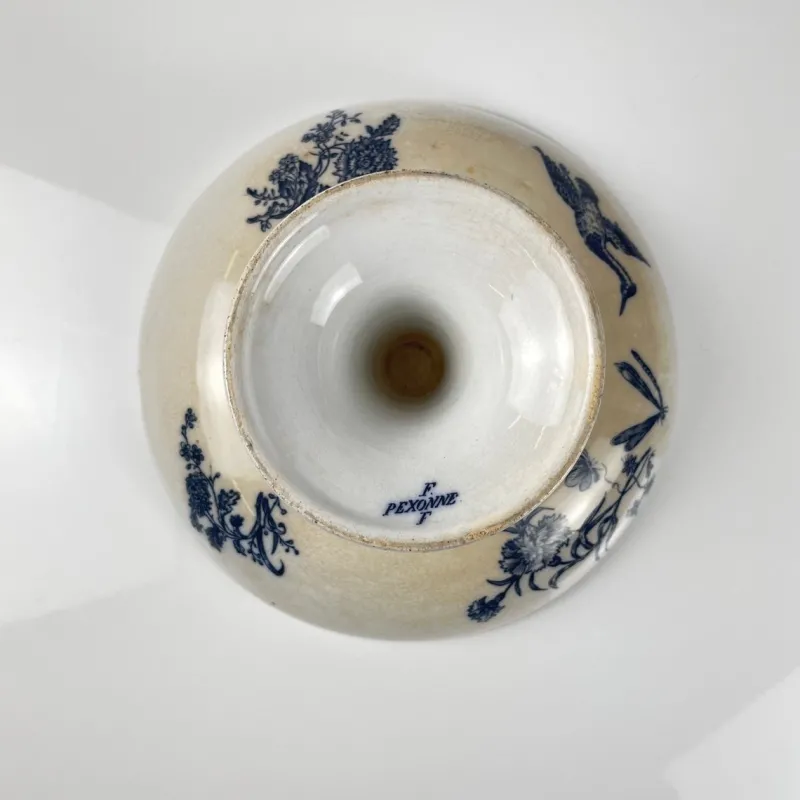 Hot Pamono Earthenware Compote Dish with Blue Bird Motif from Pexonne, Late 19th Century