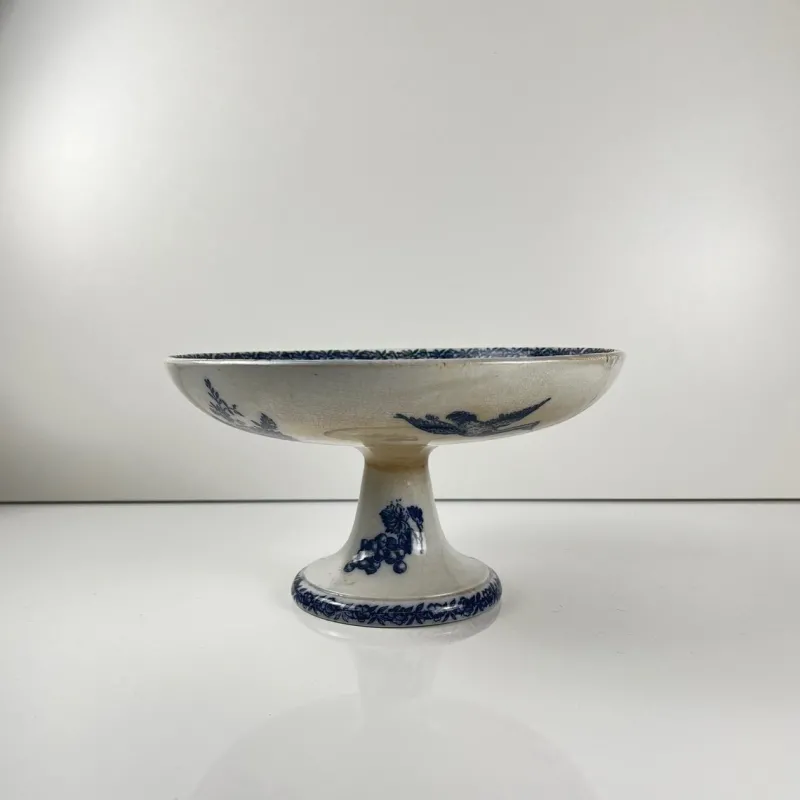 Hot Pamono Earthenware Compote Dish with Blue Bird Motif from Pexonne, Late 19th Century