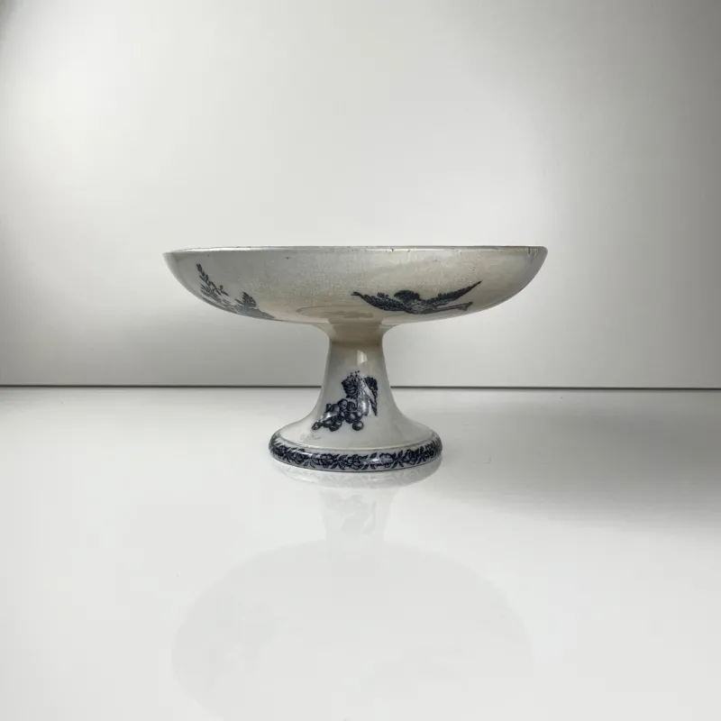 Hot Pamono Earthenware Compote Dish with Blue Bird Motif from Pexonne, Late 19th Century