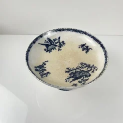 Hot Pamono Earthenware Compote Dish with Blue Bird Motif from Pexonne, Late 19th Century