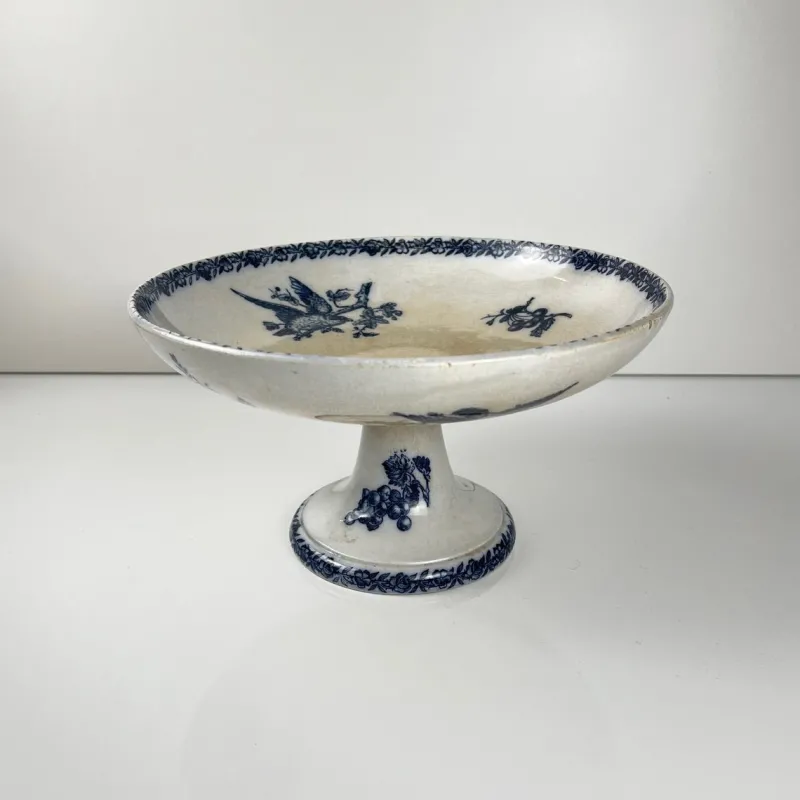 Hot Pamono Earthenware Compote Dish with Blue Bird Motif from Pexonne, Late 19th Century
