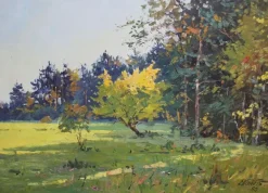 Pamono Edgars Vinters, Sunny Autumn Forest Edge, 1960s, Oil on Board> Impressionist