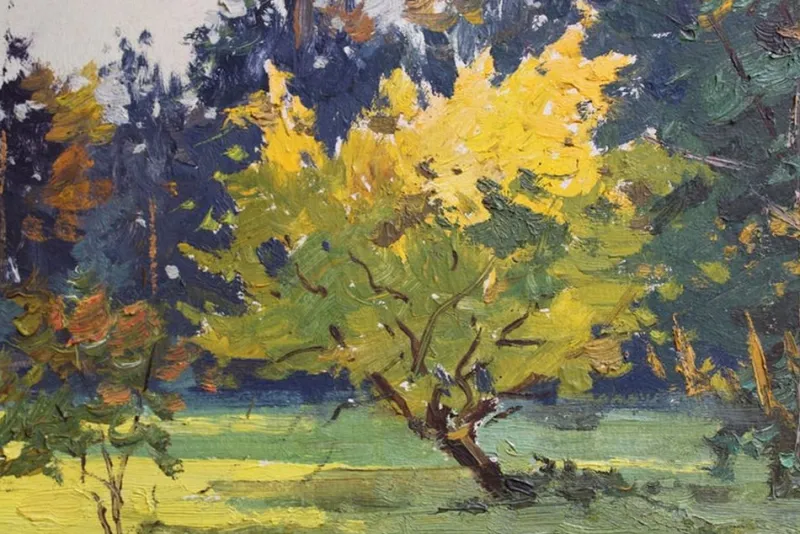 Pamono Edgars Vinters, Sunny Autumn Forest Edge, 1960s, Oil on Board> Impressionist