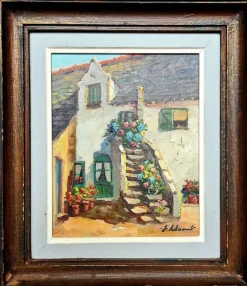 Outlet Pamono Edouard Le Saout, Geraniums and Flowers on a Cottage Staircase, 1950s, Oil on Canvas