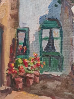 Outlet Pamono Edouard Le Saout, Geraniums and Flowers on a Cottage Staircase, 1950s, Oil on Canvas