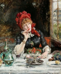 Pamono Eduardo Leon Garrido, Girl in Restaurant in Paris, 19th Century, Oil on Wood> Impressionist