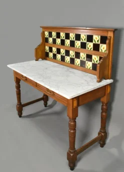 Pamono Edwardian Tile Back Marble Top Washstand in Birch, 1890s><noscript><img width=