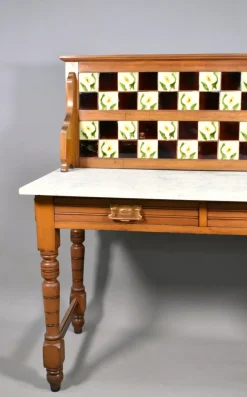 Pamono Edwardian Tile Back Marble Top Washstand in Birch, 1890s><noscript><img width=