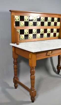 Pamono Edwardian Tile Back Marble Top Washstand in Birch, 1890s><noscript><img width=
