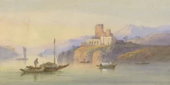 Hot Pamono Edwin St. Johns, Brush: Misty Morning at the Cliffside Ruins, 1920s, Watercolor