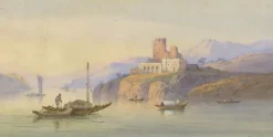 Hot Pamono Edwin St. Johns, Brush: Misty Morning at the Cliffside Ruins, 1920s, Watercolor