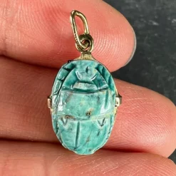 Discount Pamono Egyptian Faience Ceramic Scarab 18k Yellow Gold Charm Pendant, 1920s
