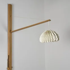 Hot Pamono Elm Floor Lamp with Pleated Paper Shade, France, 1970s