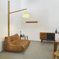 Hot Pamono Elm Floor Lamp with Pleated Paper Shade, France, 1970s