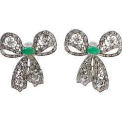 Pamono Emeralds, Diamonds and White Gold Bow Earrings, Set of 2