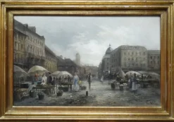 Pamono Emil Barbarini, Sundays Market, Late 1800s, Oil on Wood> Impressionist