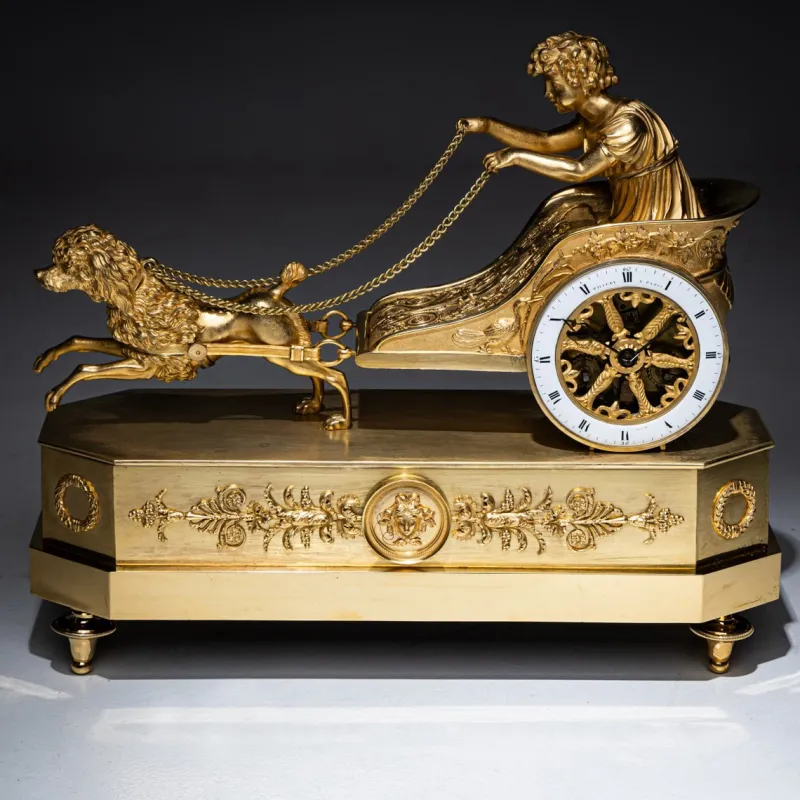 New Pamono Empire Mantel Clock with Putto in Chariot by Thiery À Paris
